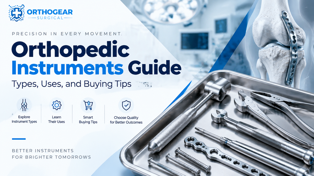 Orthopedic Instruments Guide showing surgical tools, orthopedic implants, and precision instruments by Orthogear Surgical