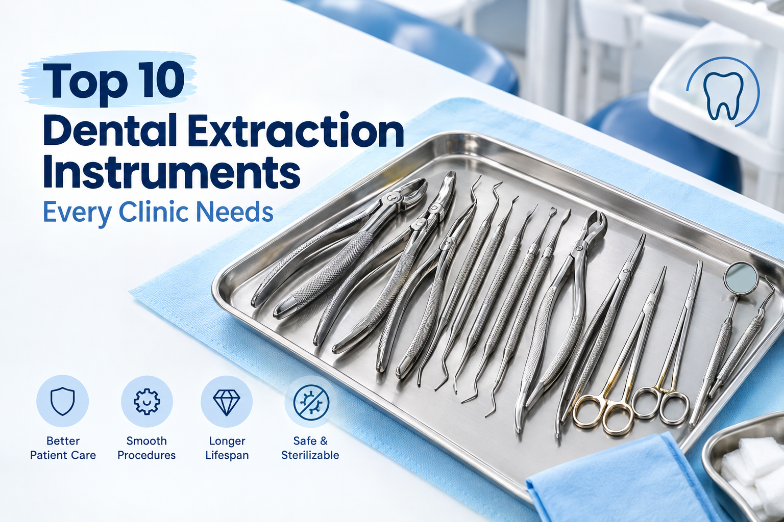 Dental extraction instruments arranged on a stainless steel tray, featuring forceps, elevators, curettes, scissors, needle holders, and dental mirrors in a professional clinical setting.