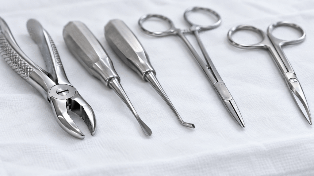 Surgical dental instruments including extraction forceps, elevators and needle holders