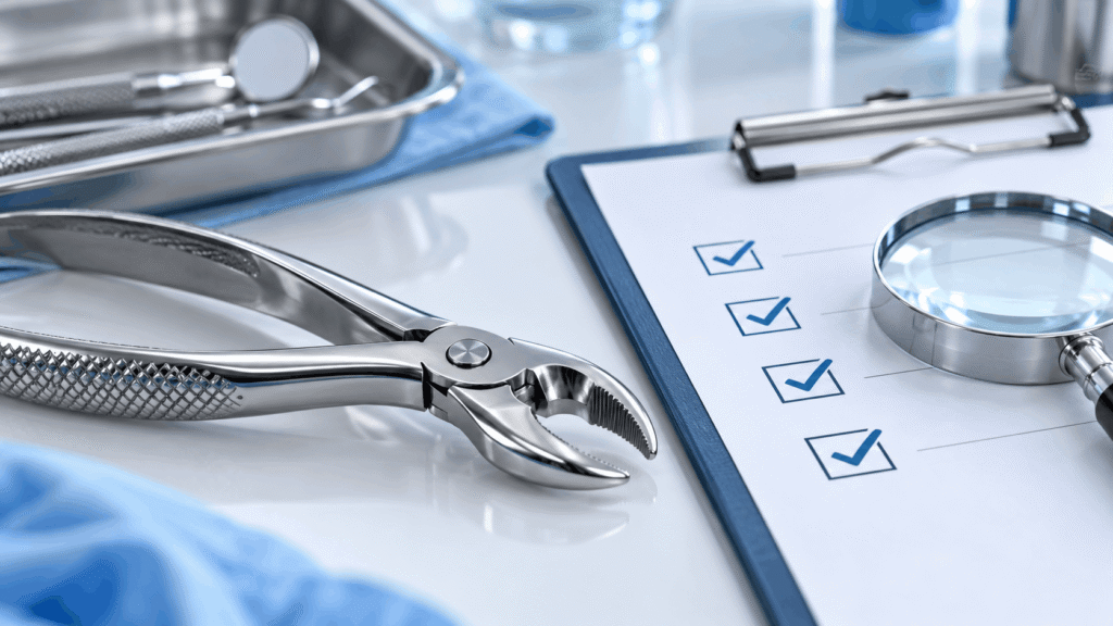CE marked dental instruments with compliance documents being reviewed by a buyer