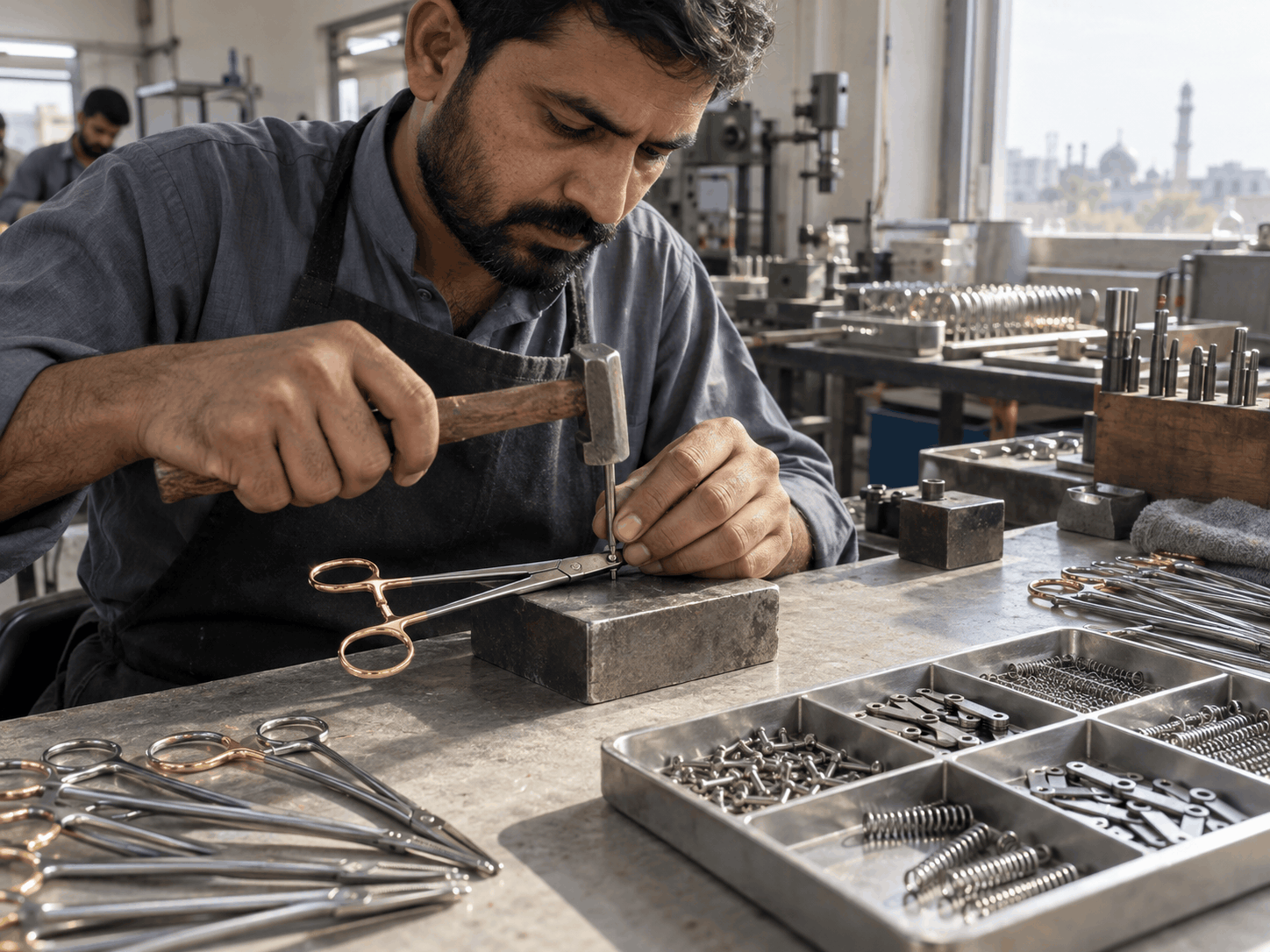 Craftsman riveting surgical instrument joints during assembly