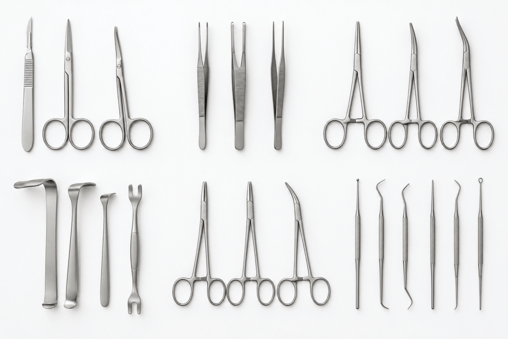six types of stainless steel surgical instruments laid out in a grid