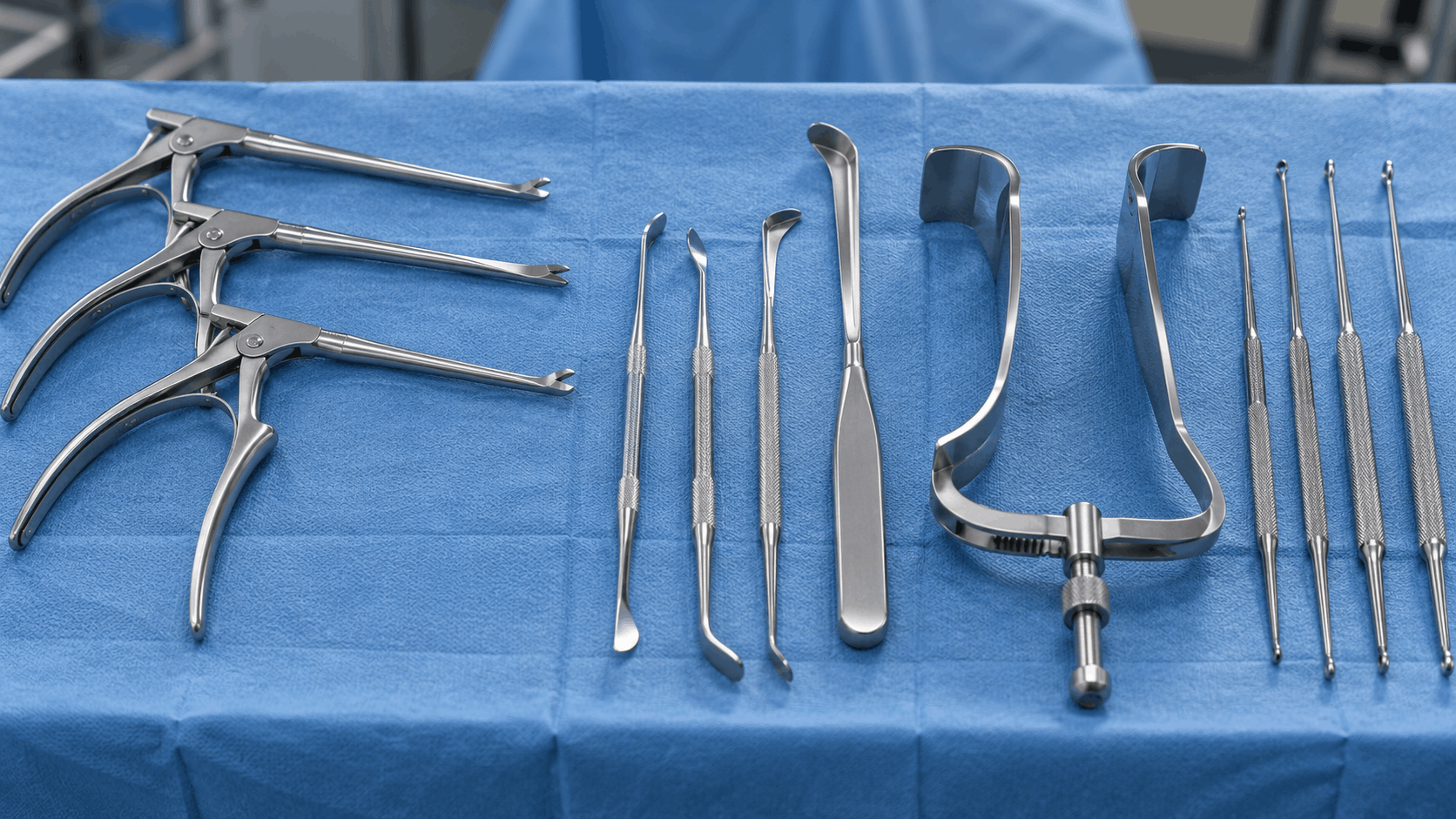 Orthopedic and spinal surgical instruments including Kerrison rongeurs and retractors