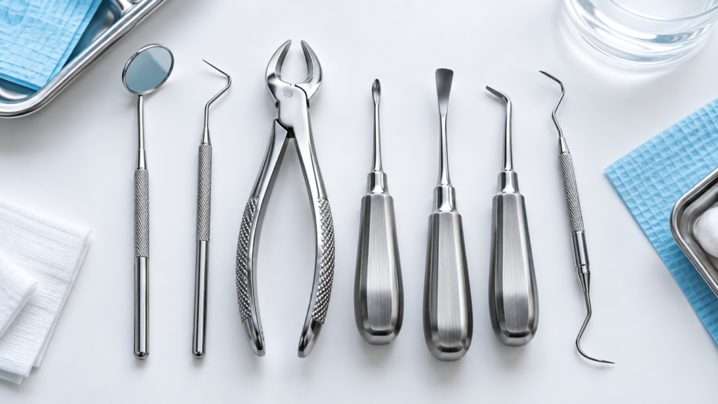 Dental instruments set including forceps, elevators and mirror from a CE marked dental instruments manufacturer