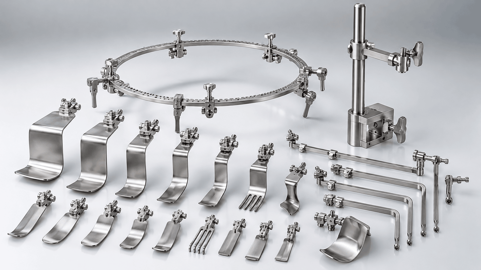 Bookwalter surgical retractor set with ring, table post and stainless steel blades