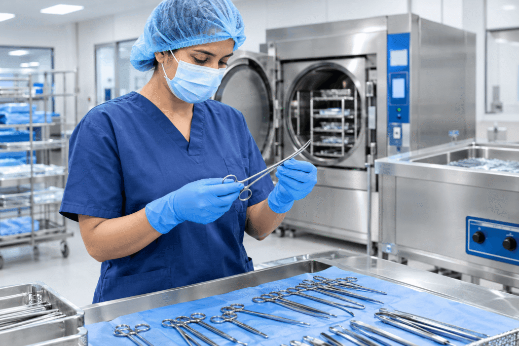technician cleaning and sterilizing stainless steel surgical instruments