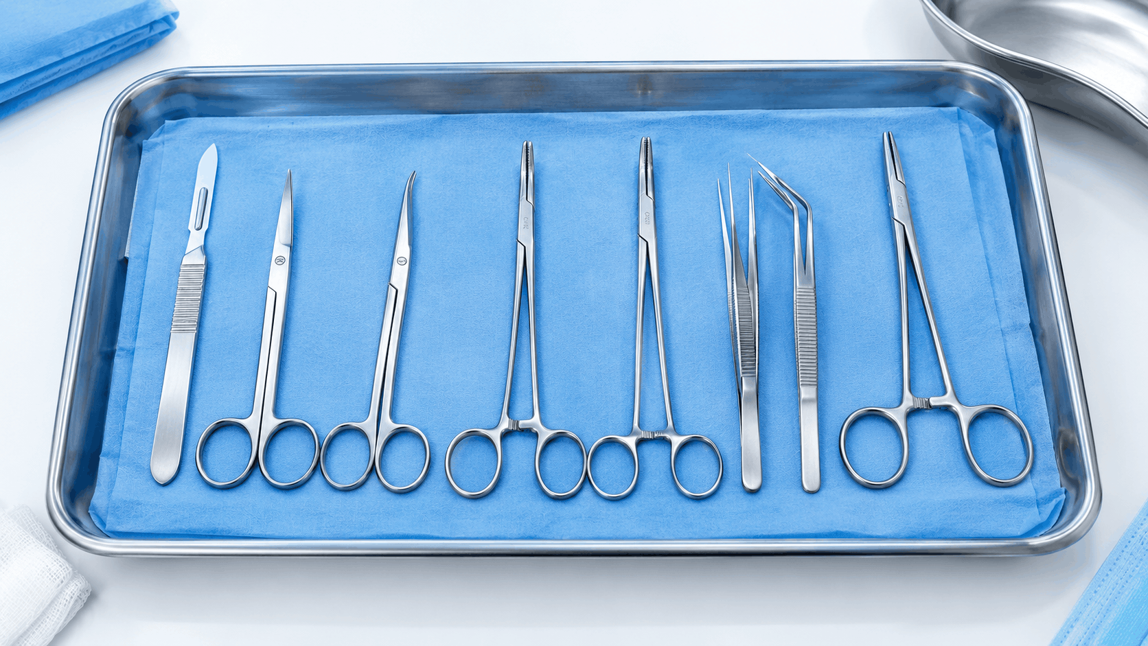 stainless steel surgical instruments arranged on a sterile tray