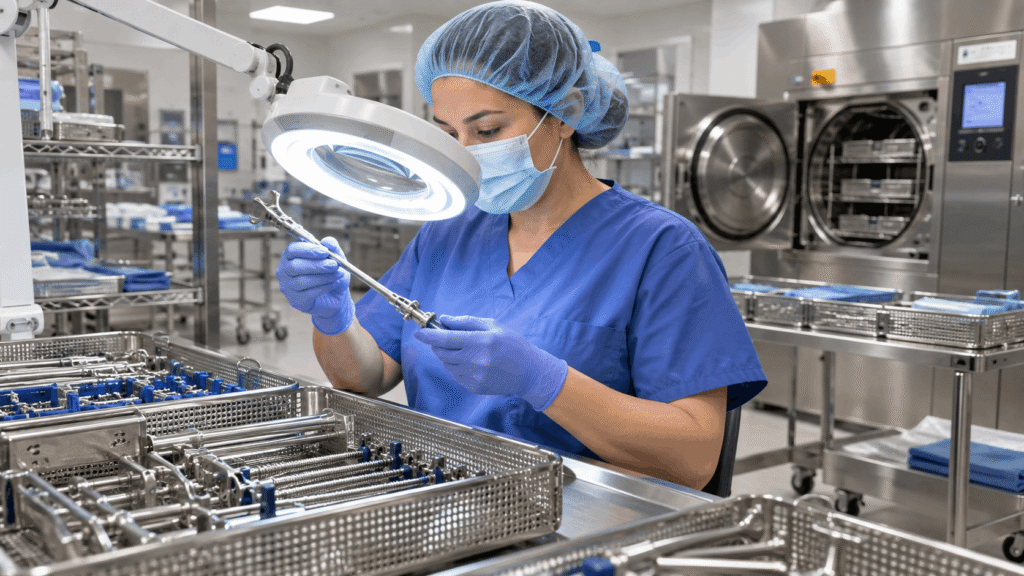 Technician inspecting spinal surgery instruments during cleaning and sterilization