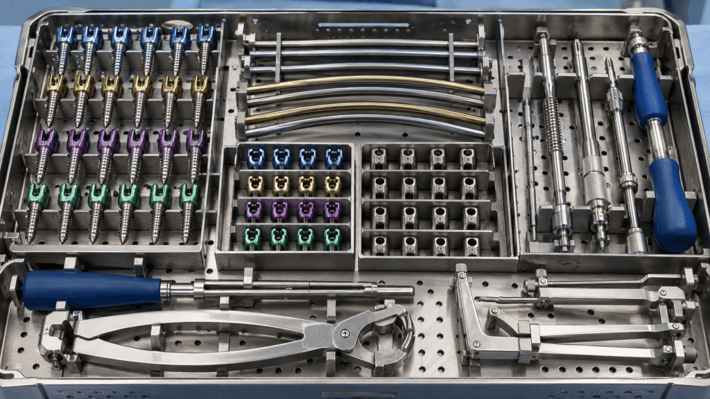Pedicle screw fixation system with titanium screws, rods and spinal instruments
