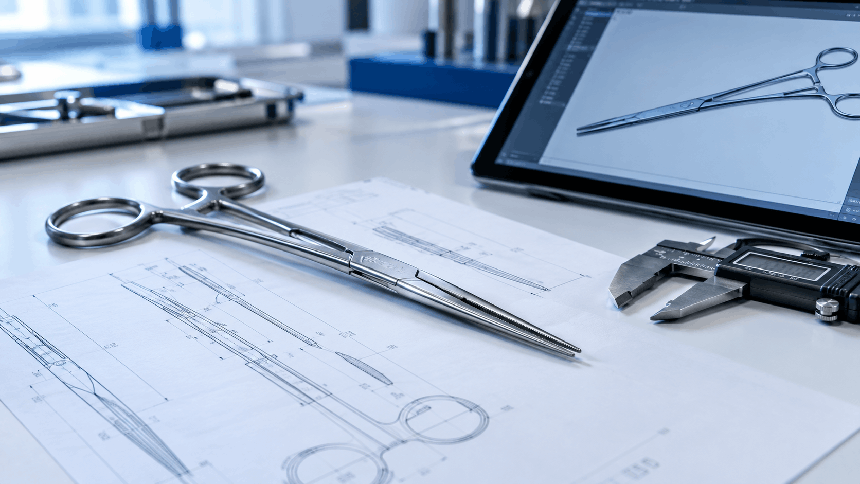 Custom surgical instruments design drawing and stainless steel prototype