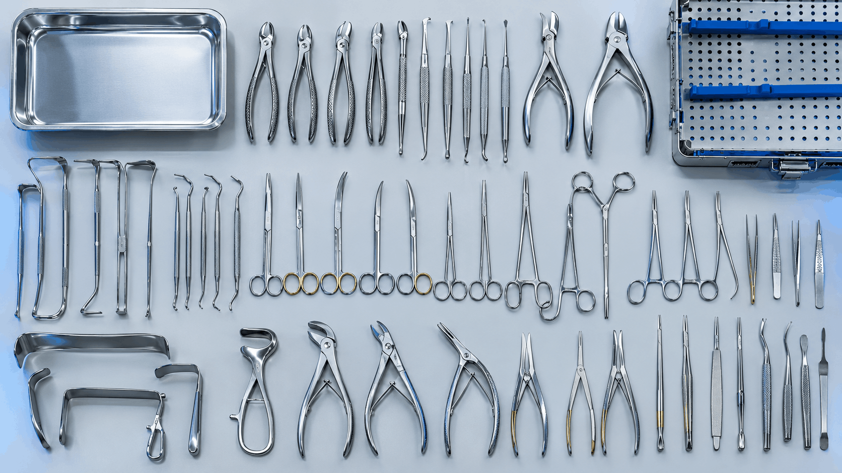 Range of custom surgical instruments including dental, orthopedic and general surgery sets