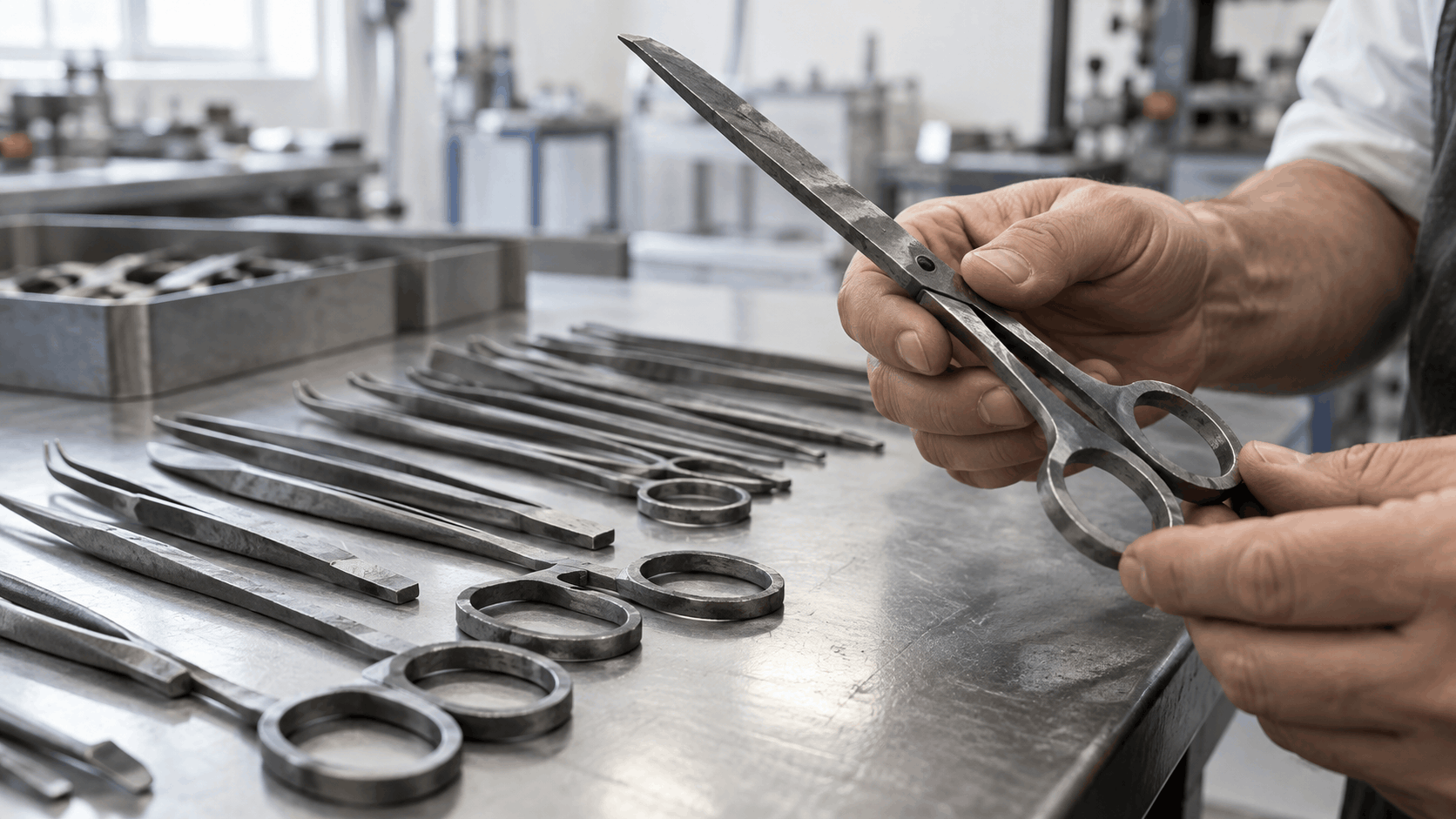 Forged surgical instrument blanks being checked for defects