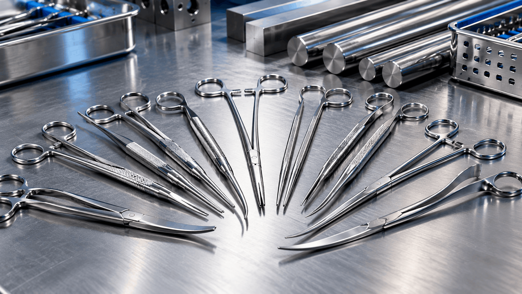 Stainless steel for surgical instruments with raw steel bars and finished instruments