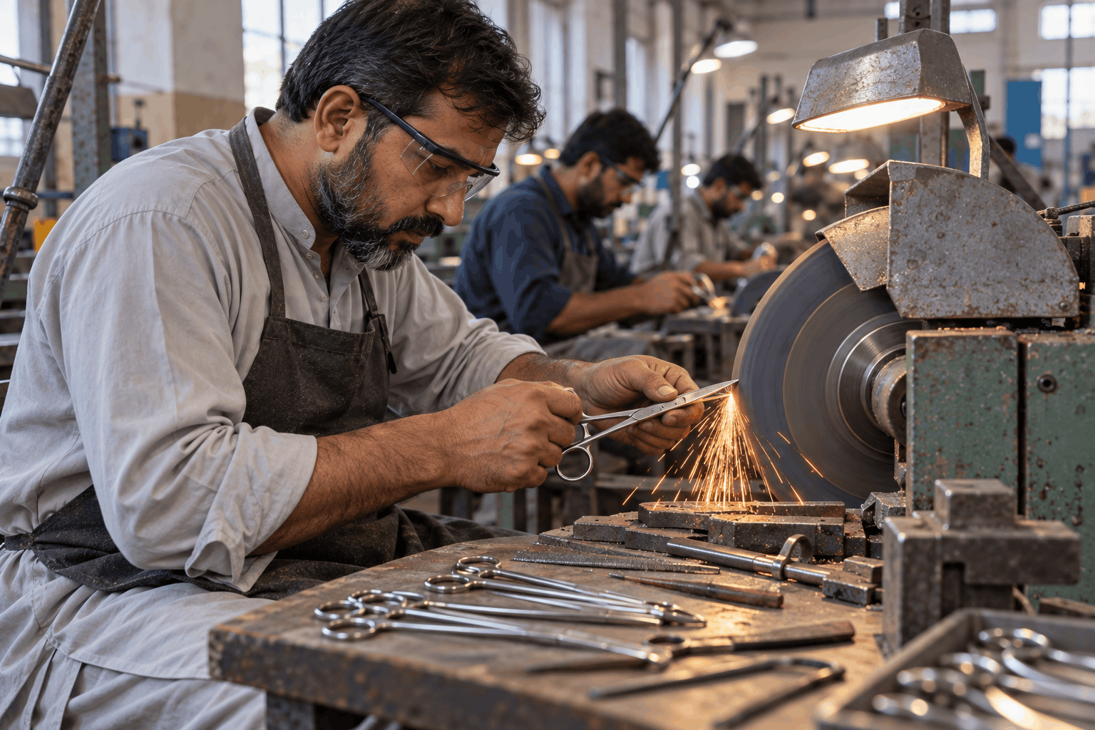 Craftsman hand fitting the joints of surgical instruments
