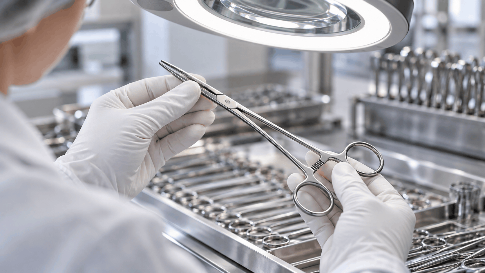 Surgical instrument inspection under magnifying lamp at OrthoGear Surgical