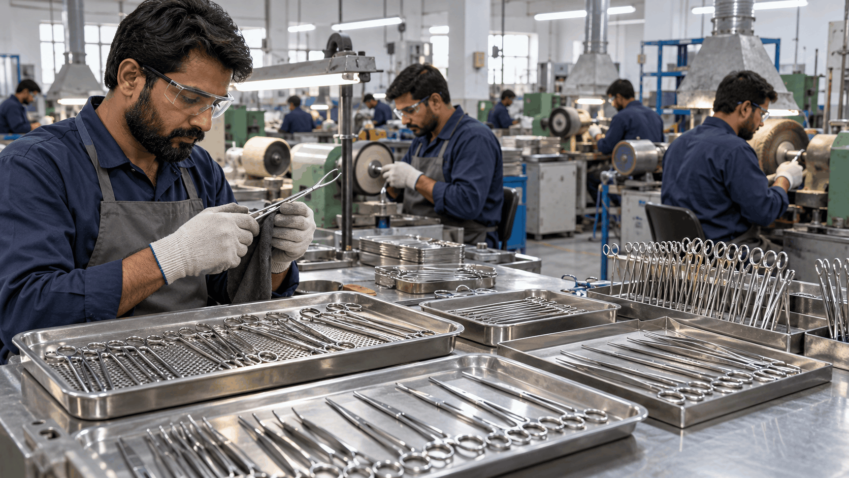 Workers inspecting surgical instruments at the OrthoGear Surgical factory in Sialkot